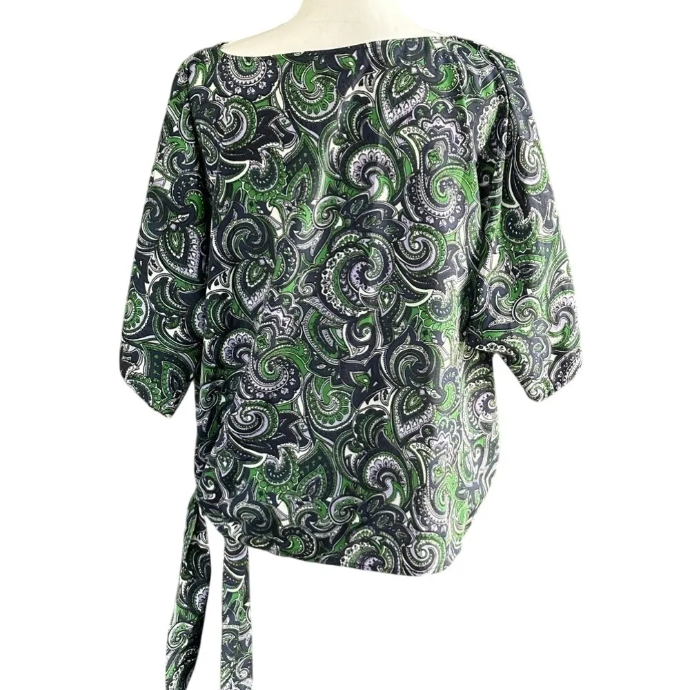 Paisley Print‎ Tie Bottom Top Green Black White Fashion Blouse - Image 3