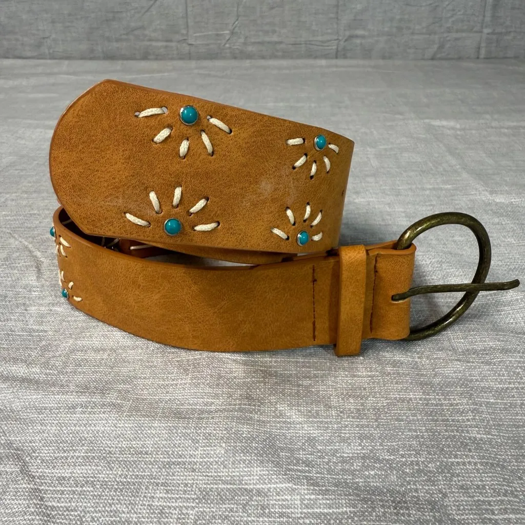 Brown Floral Embossed Leather Belt Faux Turquoise Accents Brass Buckle Women's - Image 2