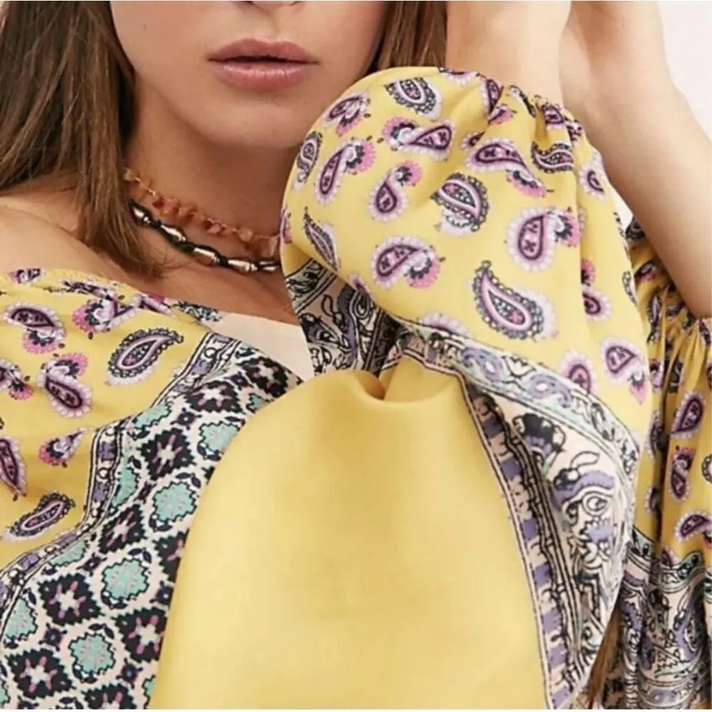 Free People Positano Printed Silky Mix Print Floral Off-Shoulder Boho Peasant Bl - Image 16