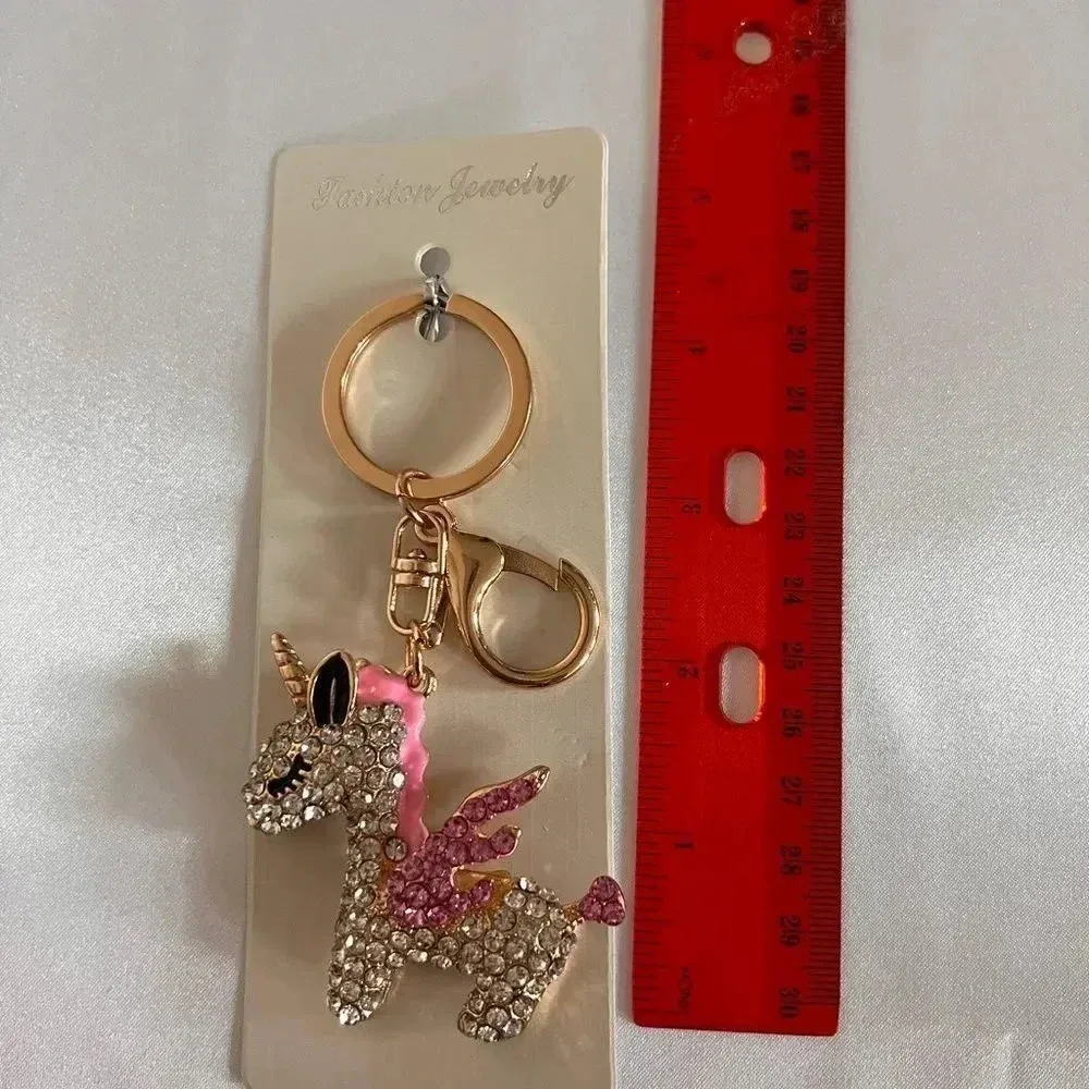 Unicorn Bag And Key Chain Charm Pink Clear Crystal Rhinestone Gold Tone Hardware - Image 5