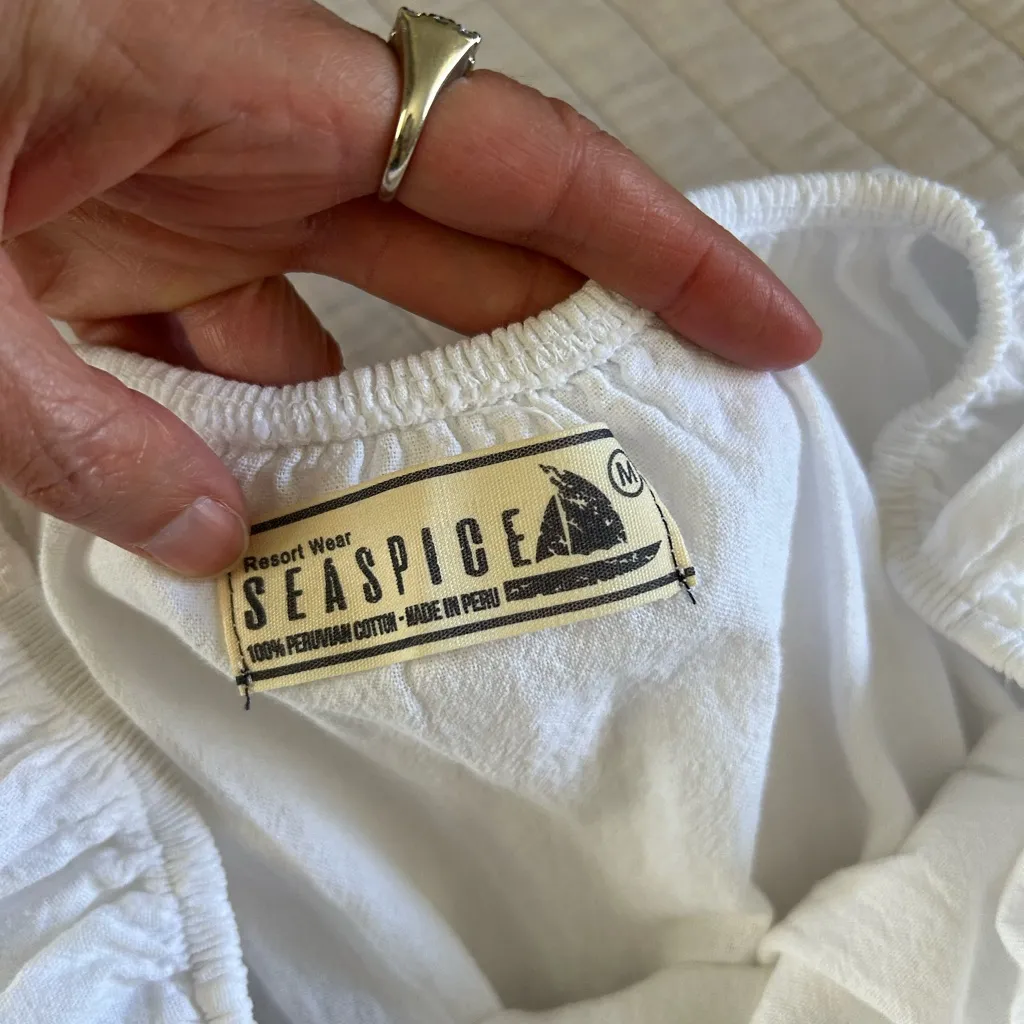 Seaspice resort wear white boho Peru 100% cotton off shoulder crop blouse top M Size M - Image 6