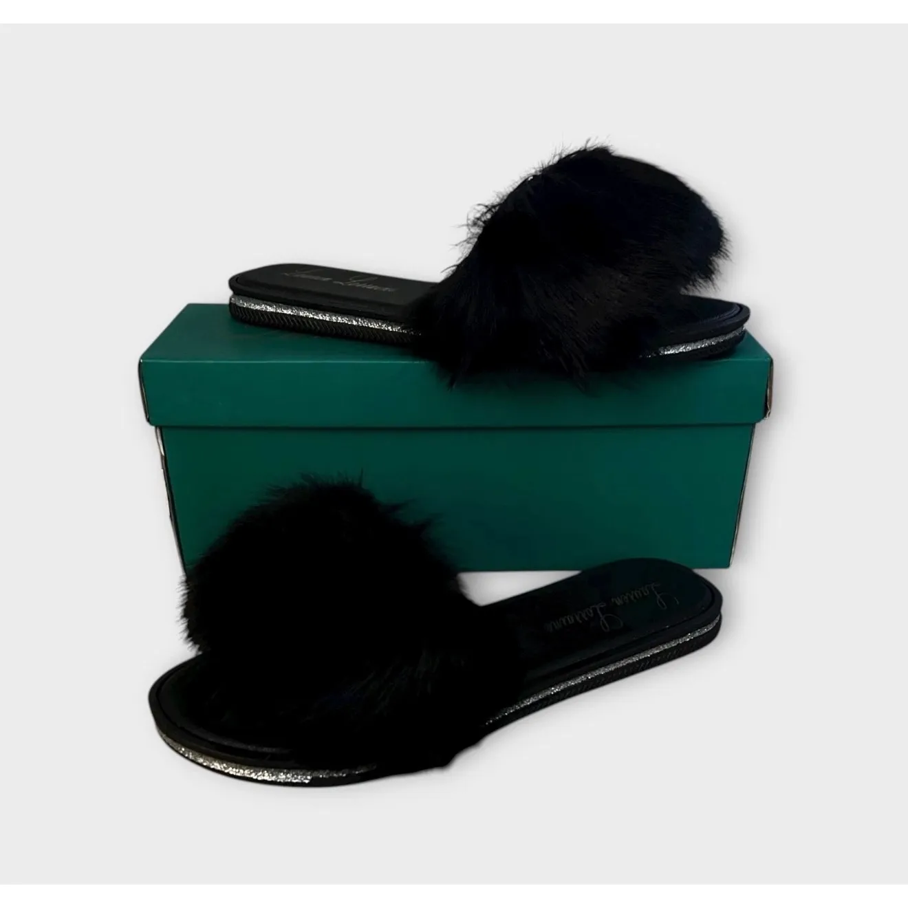 Lauren Lorraine Black Faux Fur Slide Sandals - Image 2