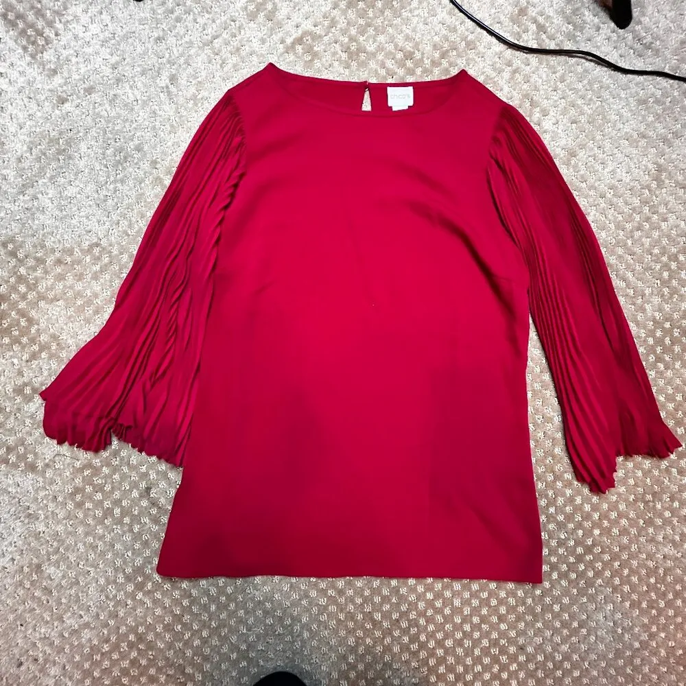 Chico's Red Tunic Blouse Pleated Flare Accordian Dolman Sleeves SZ S Xmas Vday - Image 3