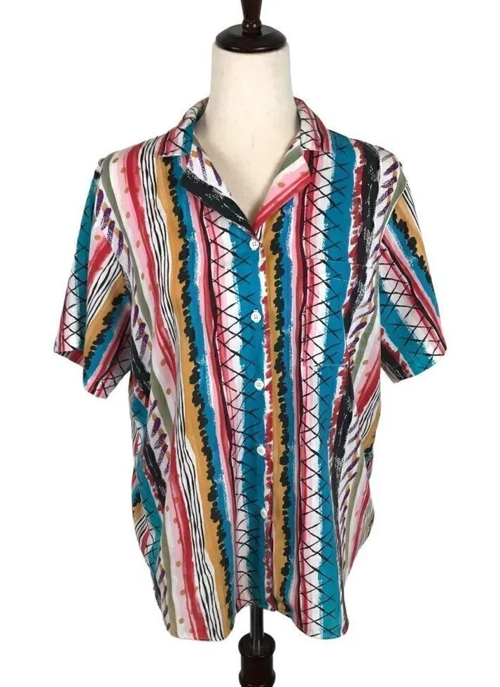 Vintage Oak Hill 1980s multi color “painted”look button up shirt M/L* White Size M - Image 1
