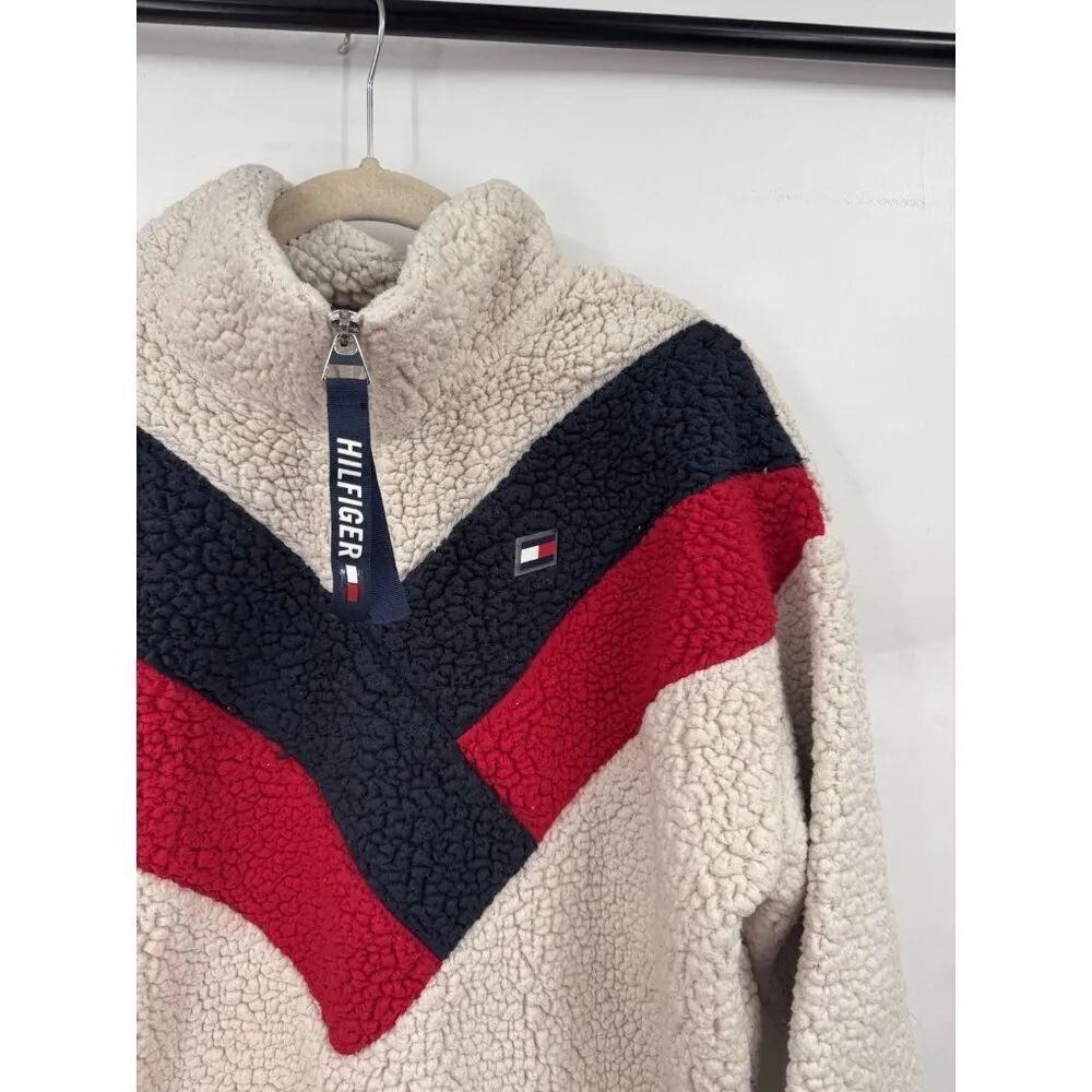 Tommy Hilfiger Sherpa Sweatshirt Women Small Ivory Chevron Quarter Zip Casual‎ - Image 9