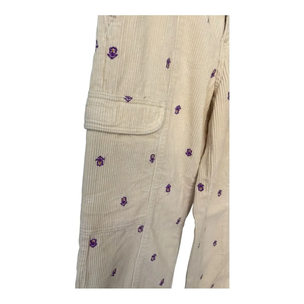 PacSun Low Rise Puddle Corduroy Cargo Pants Beige Purple Embroidered Size S - Image 4