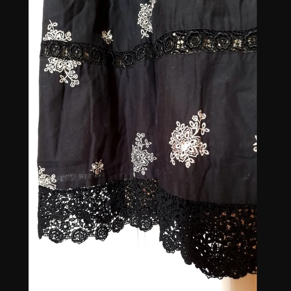 Laura Ashley Lace Skirt 10 Floral Embroidered Sequin Black Cotton - Image 3