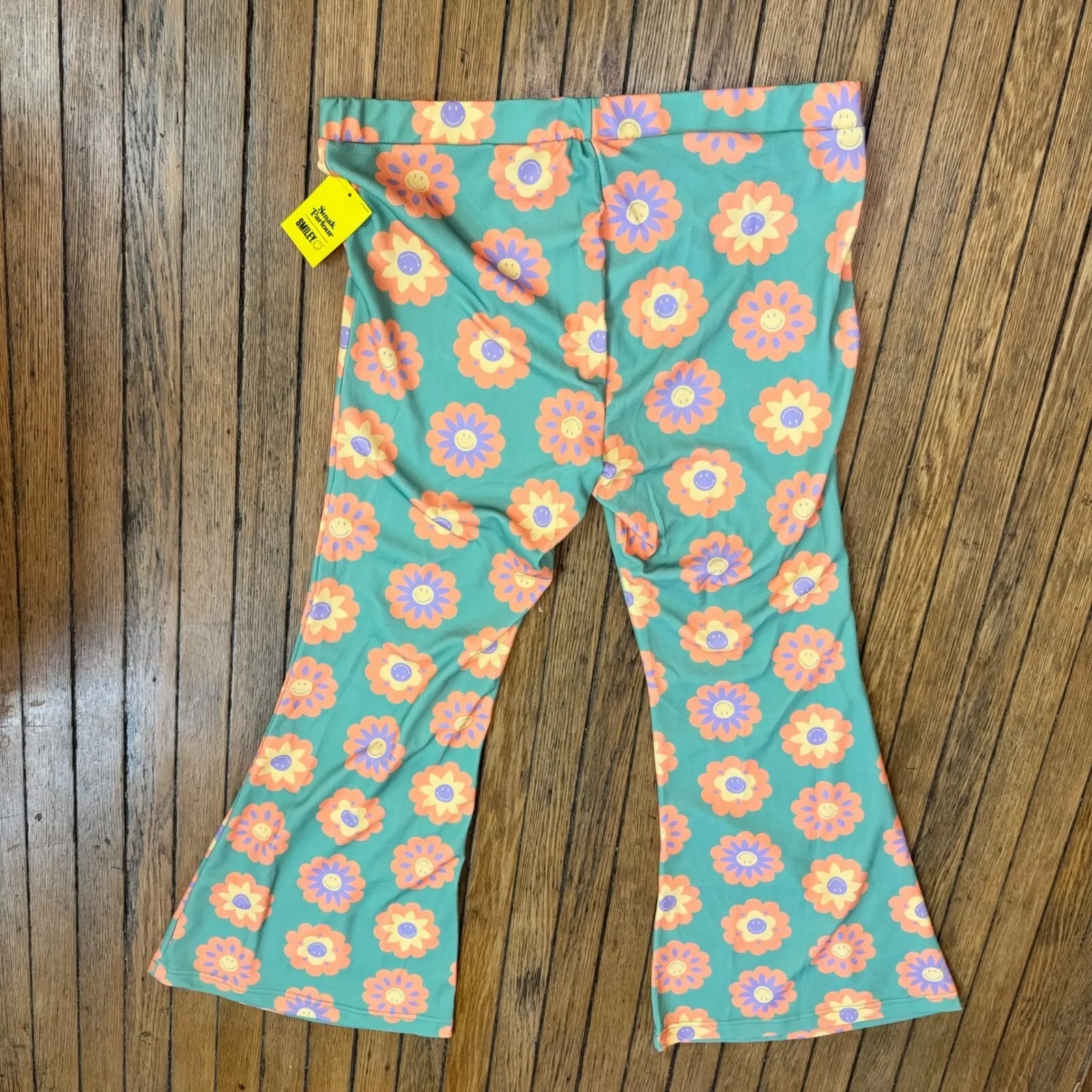 Smiley World Flare Leggings Mint Green Daisy Print Trendy Funky Pants 2X Size XXL - Image 2
