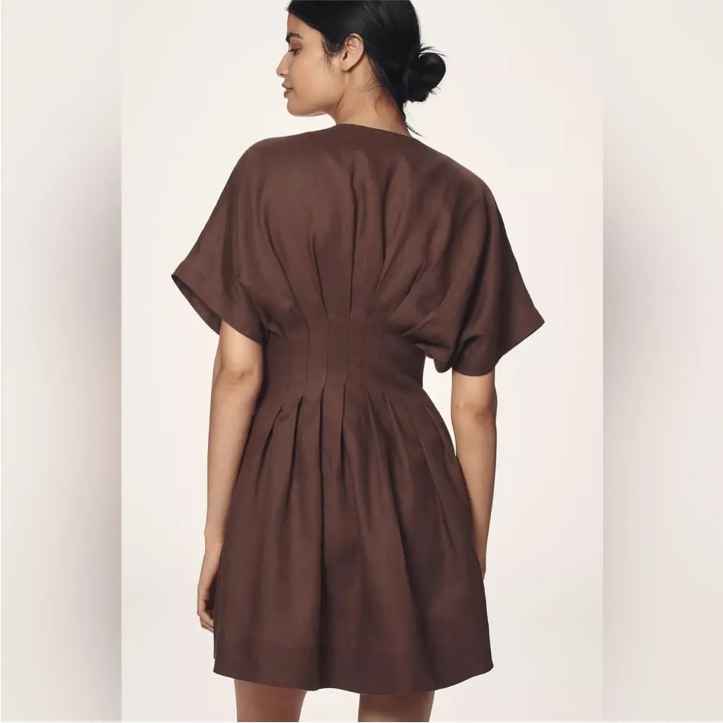 ANTHROPOLOGIE The Tobie Linen Mini Shirt Dress by Exsquise in Brown Large Petite - Image 2