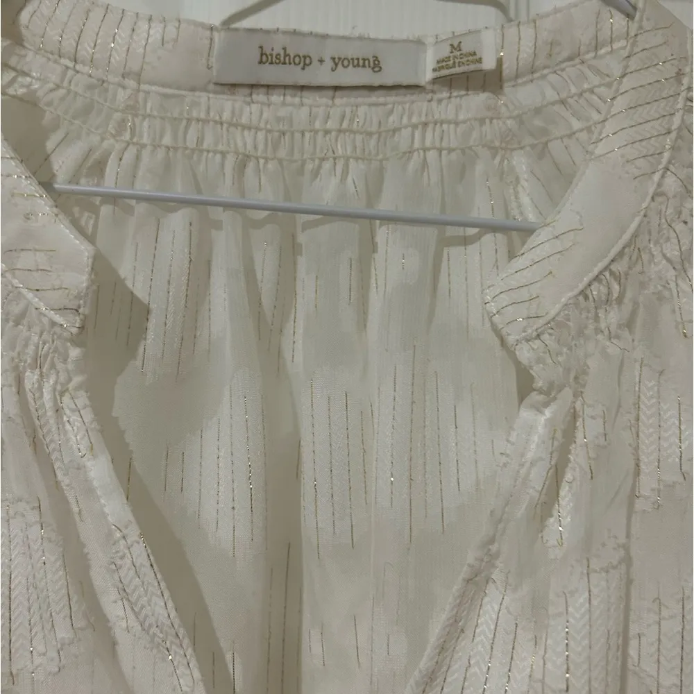 Bishop + Young Sheer V- Neck Long Sleeve white long flowy sleeve metallic gold - Image 2