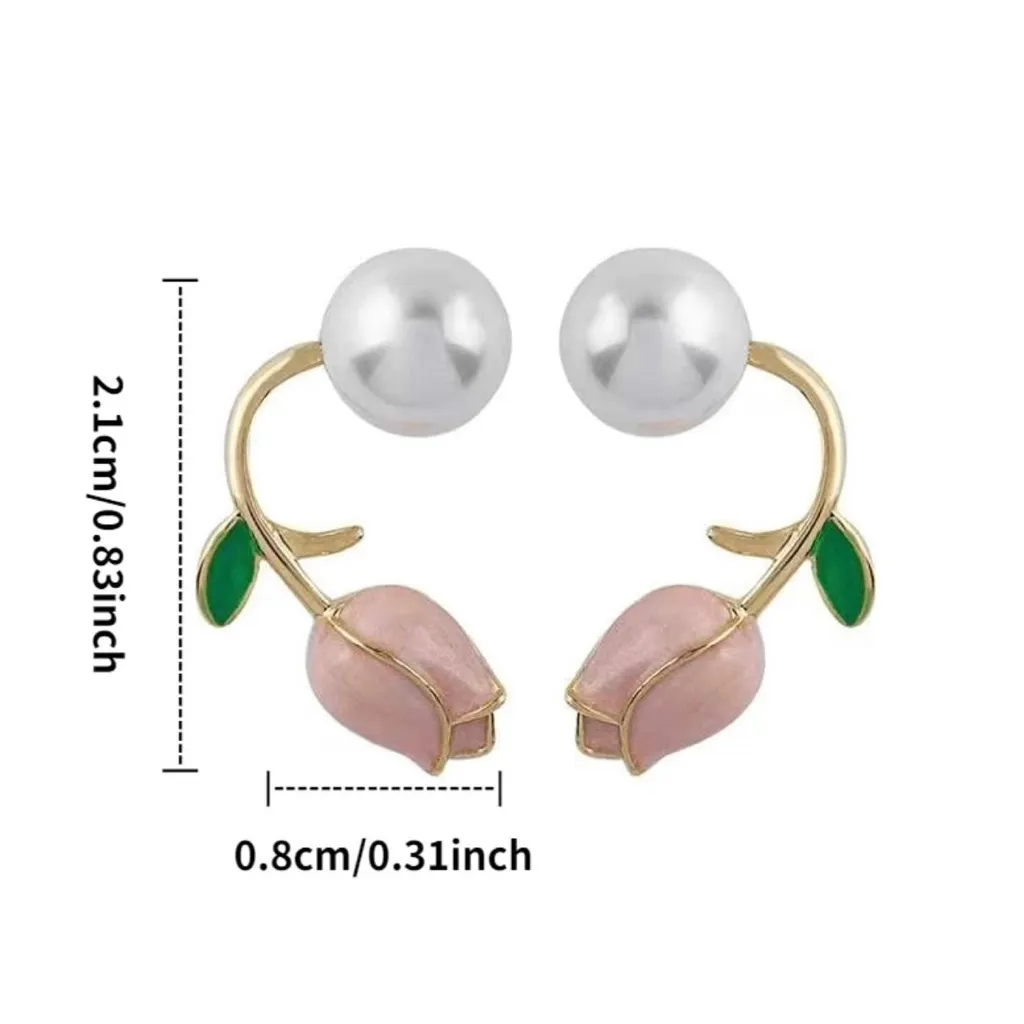 Pair of pink‎ tulip flower pearl stud earrings faux fashion jewelry Gold - Image 4