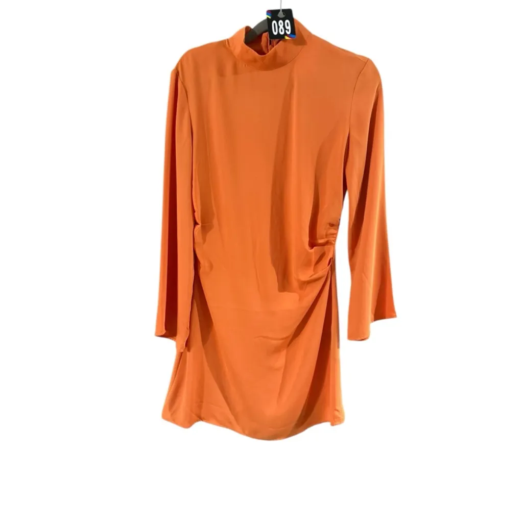 Women's H&M Orange Long Sleeve Mock Neck Ruched Mini Dress S - Image 3