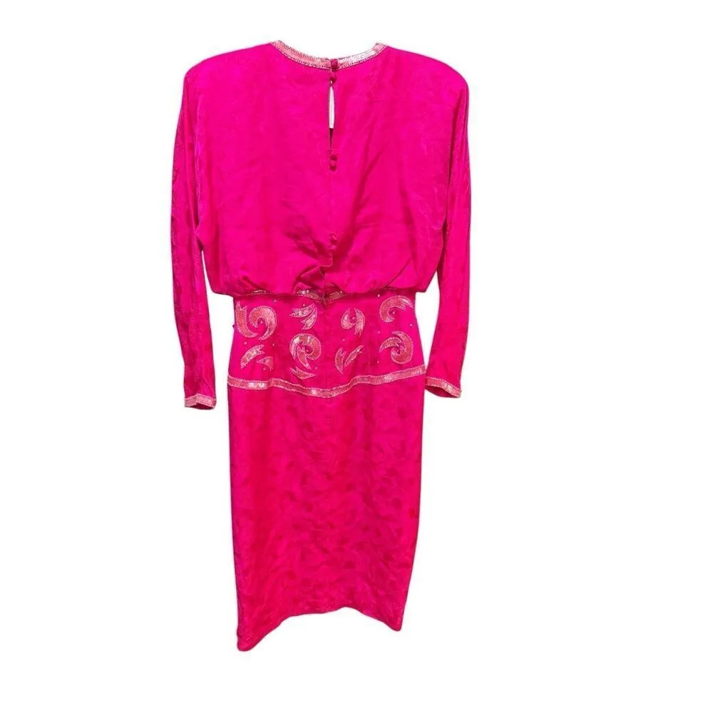 Spenser Jeremy Vintage 90s Hot Pink Magenta 100% Silk Beaded Midi Dress w/ Bow s Size 8 - Image 2