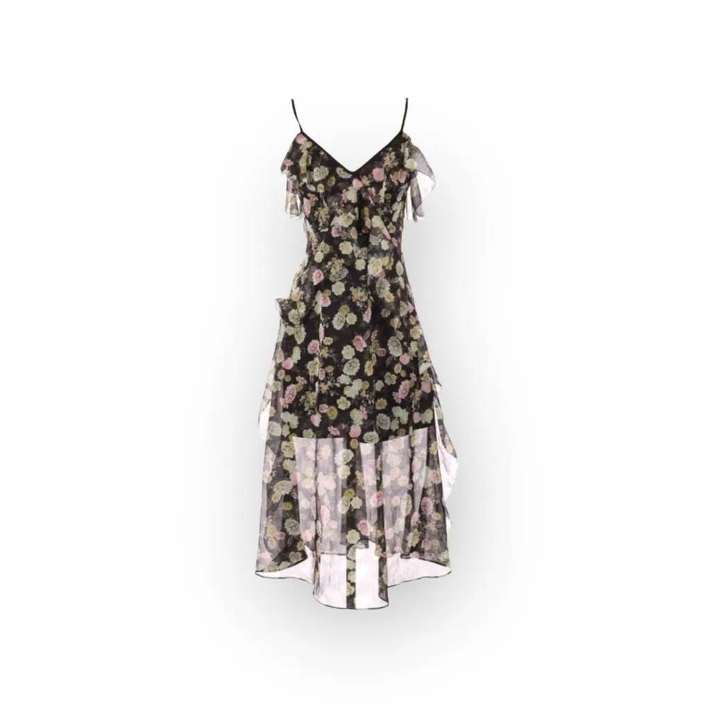 new Maison Talulah 𑁍 Playful Flounce Ruffled Chiffon Dress 𑁍 Floral Print 𑁍 S Black - Image 5