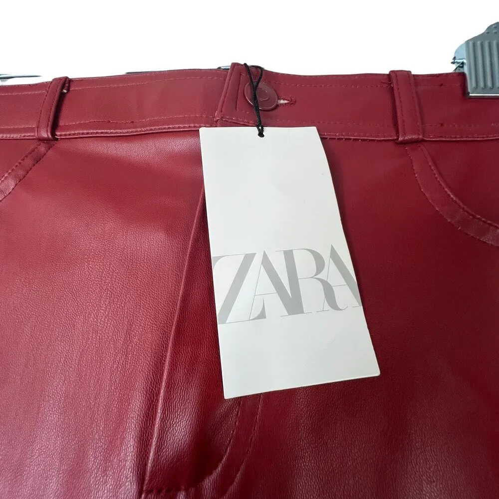 Zara Faux Leather Leggings Dark Red High Rise Skinny Leg with Zippers Vegan XS - Image 5