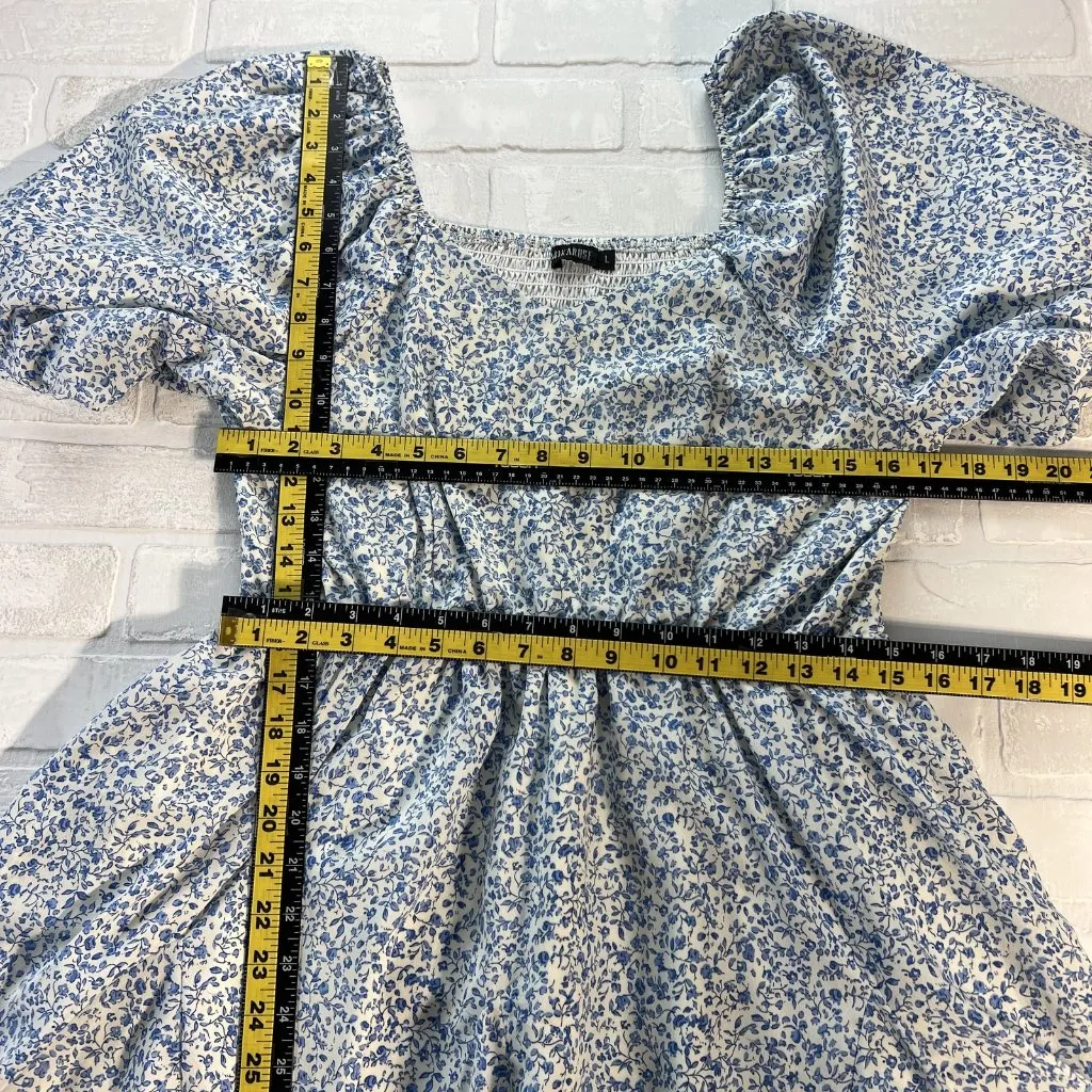 Mikarose Dress Womens Large‎ Blue Floral Puff Sleeve Milkmaid Smocked Pockets L - Image 3