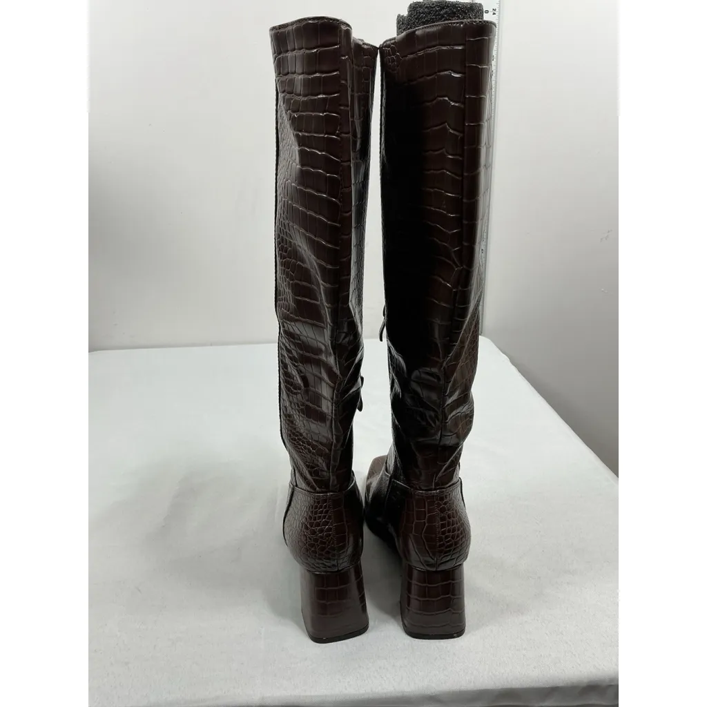 Womans Suedi Knee High Boots Brown Croc Faux Leather 8.5 Blk Heel 1/2 Zip NWOT - Image 3