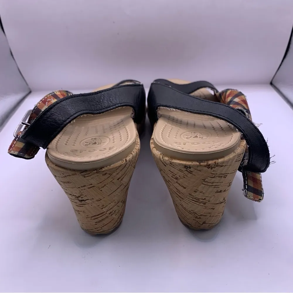 Crocs A-Leigh Black Leather Slingback Cork Wedge Sandals size 10 - Image 5