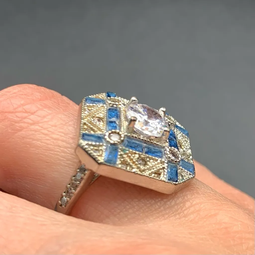 Art Deco Era Reproduction Ring Silver Plated White Blue Cubic Zirconia Size 8.25 - Image 7