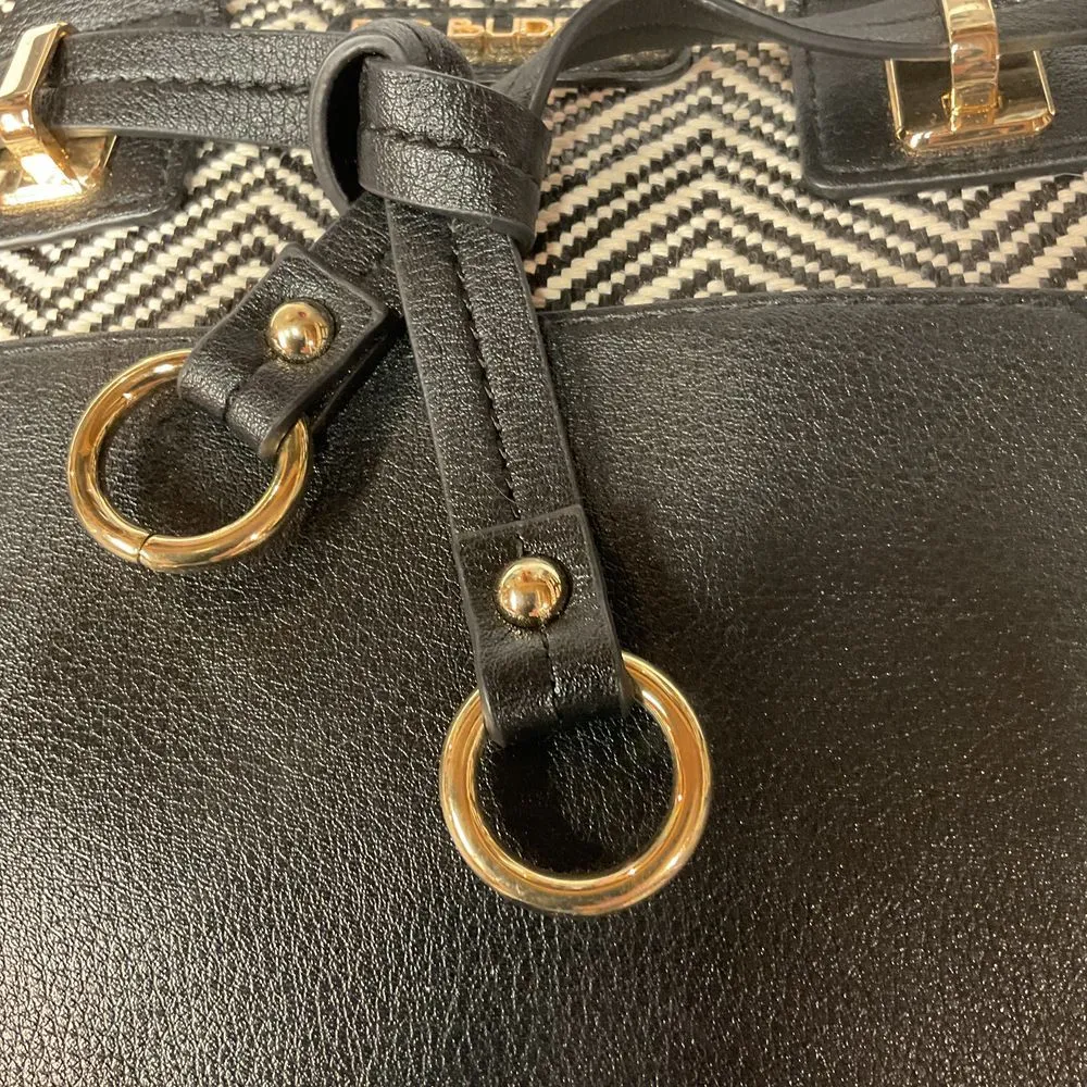 Big Buddha Chevron Pattern Straw Satchel Handbag Black White with Gold Accent - Image 16