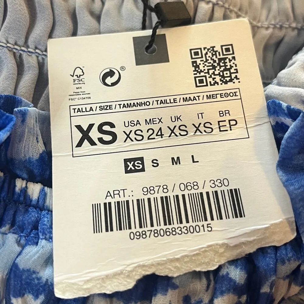 Zara New Top Square Neck Crop Smocked Chiffon Flare Sleeve Blue Women’s Size XS - Image 12