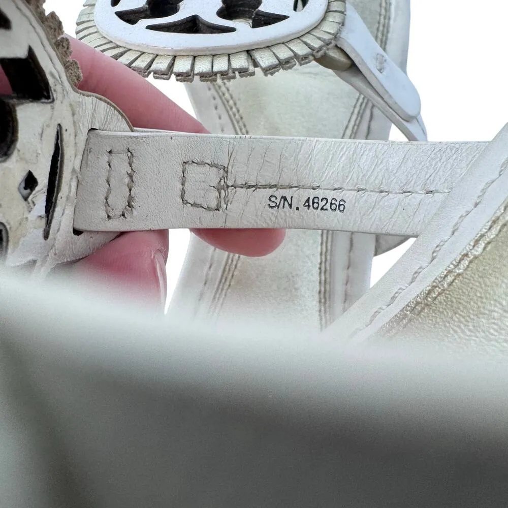 TORY BURCH Metallic Gold Cream Fringe Miller Logo Sandals Flip Flops Size 6.5 - Image 11