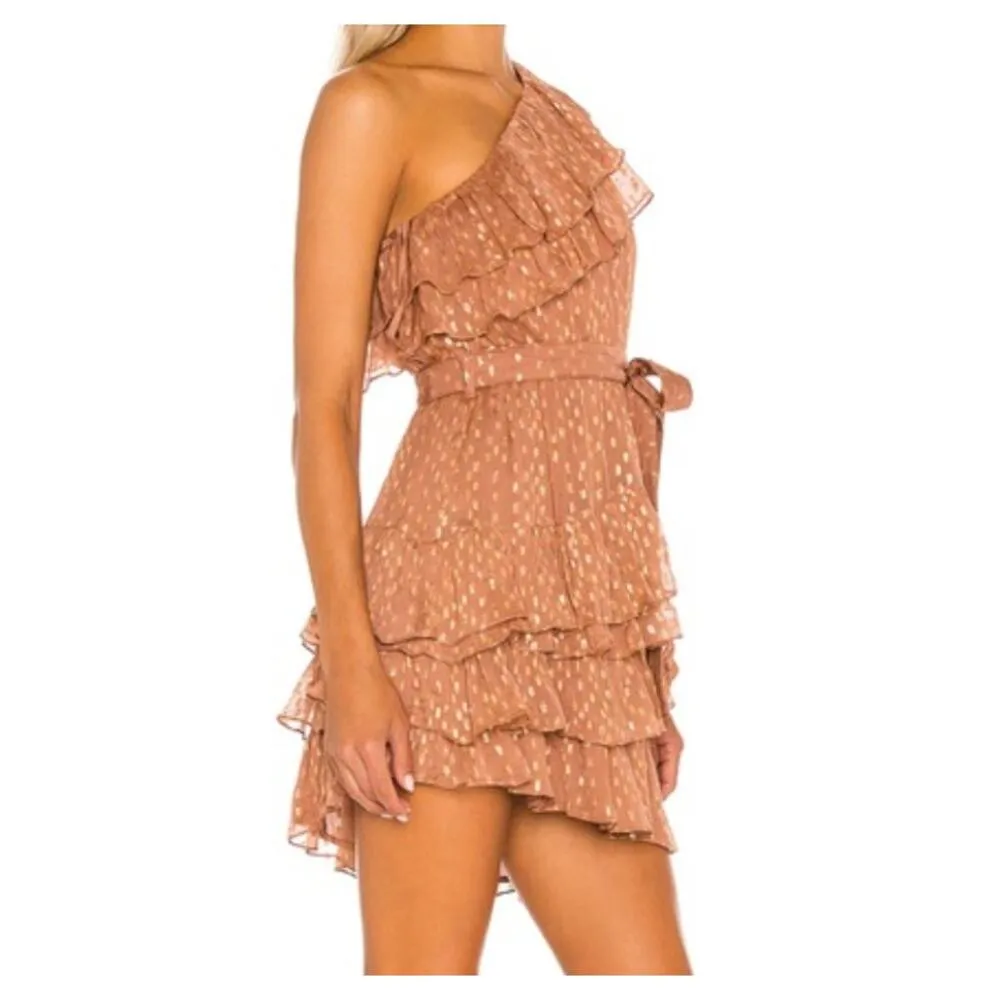 Rococo Sand Aine One Shoulder Mini Chiffon Ruffle Dress Tan Gold Small - Image 2
