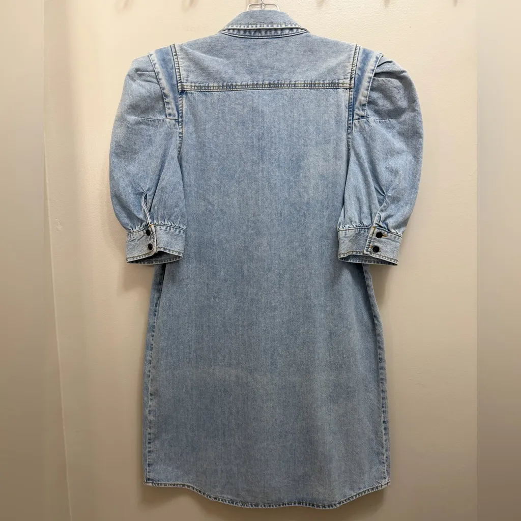 FRAME Rosette Denim Shirt Dress Puff Sleeve in Cresthaven Light Wash Size S - Image 5