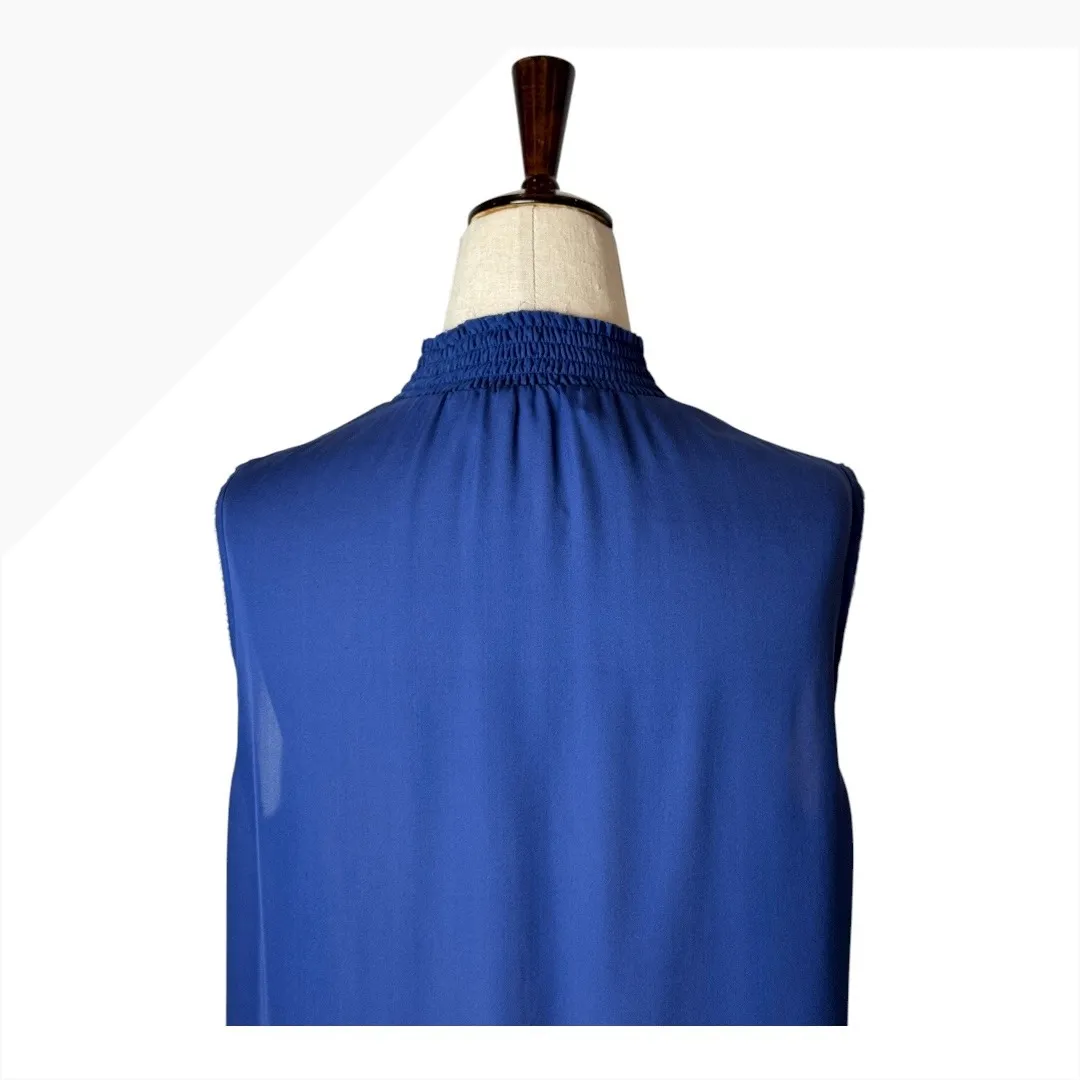 GO‎ by GO SILK Shirt Women Medium Blue Silk Smocked Mock Neck Sleeveless Top - Image 7