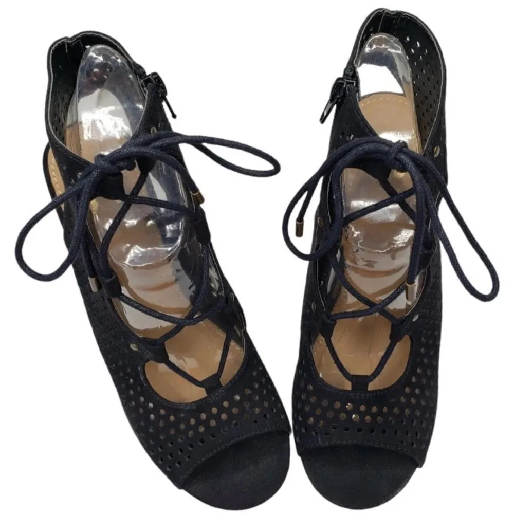 #157 WEDGE Suede Lace Up Sandals Black Size 8 - Image 8