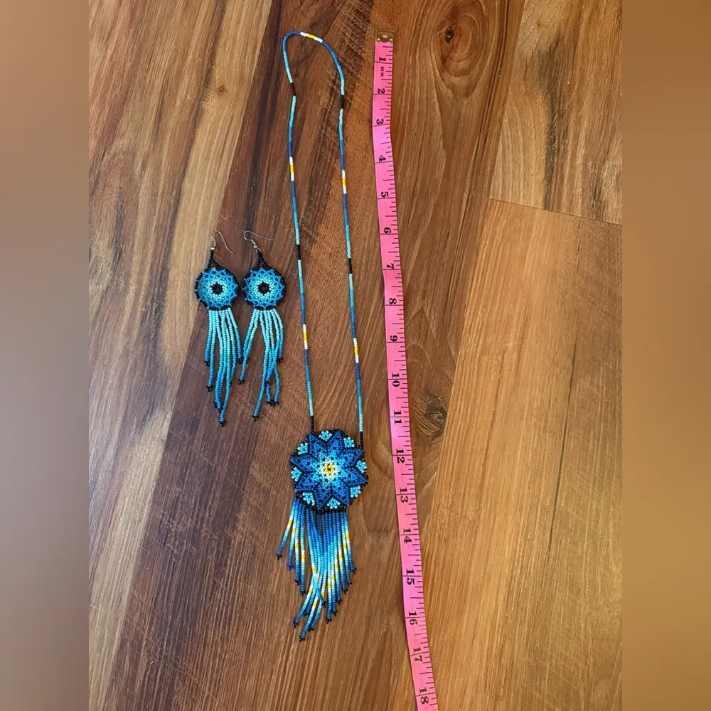 Blue Beaded Necklace and Earring Set Huichol - Image 5