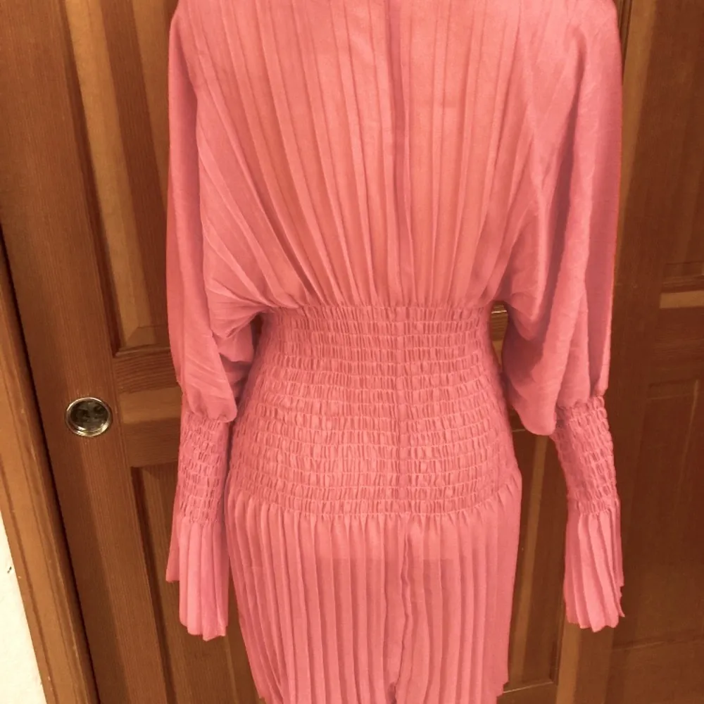 Nwt, Lavishly Paris Women’s Shirring Hot Pink Bell Sleeved Dress. Size Small - Image 4