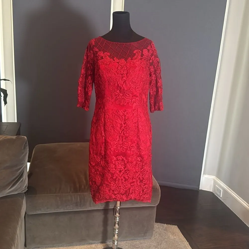 Women’s Red Tea Length Lace Appliqué Dress & Matching Chiffon Jacket Size 16 - Image 7