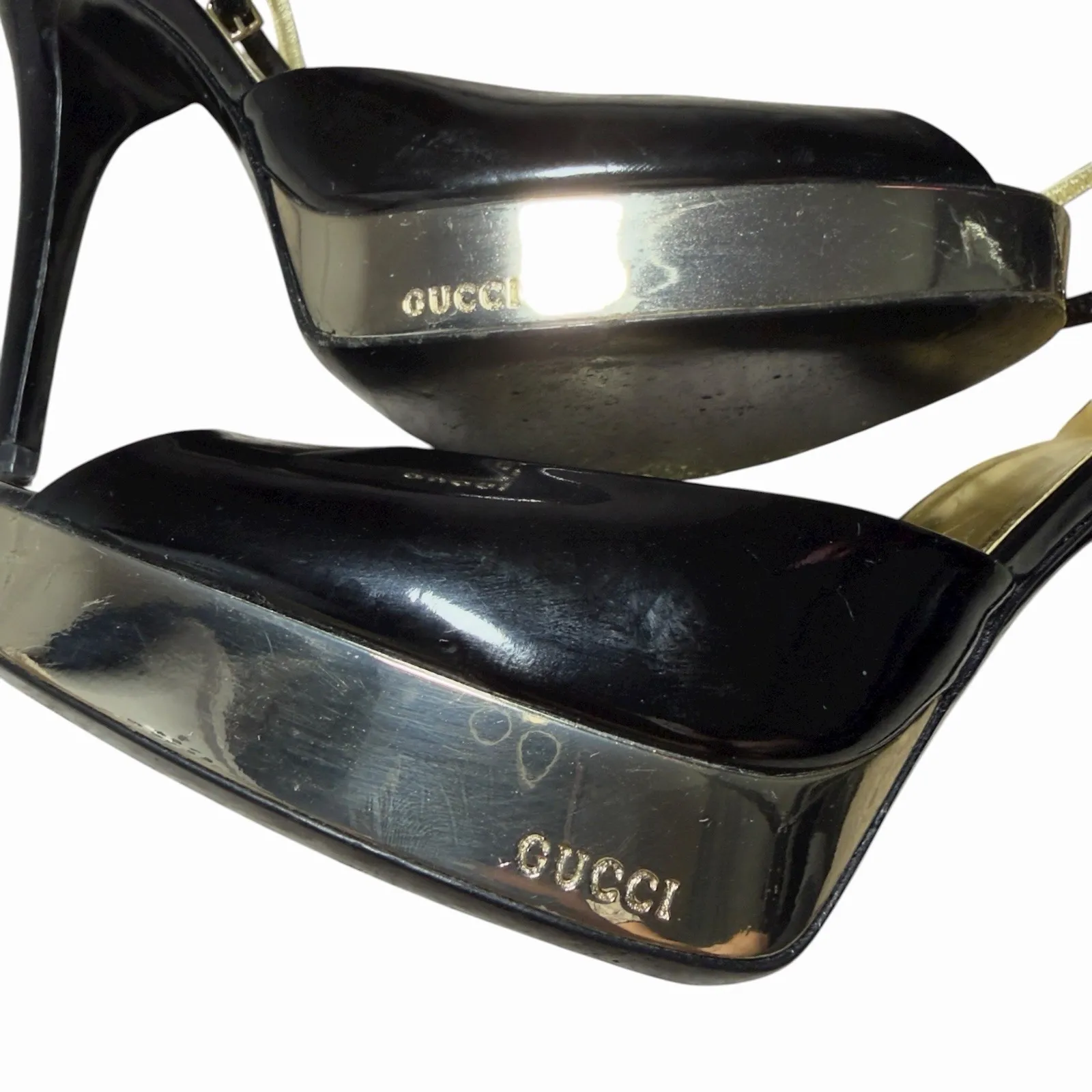Gucci Black Patent Leather Gold Platform Peep Toe Heels 9.5B Made in Italy - Image 9