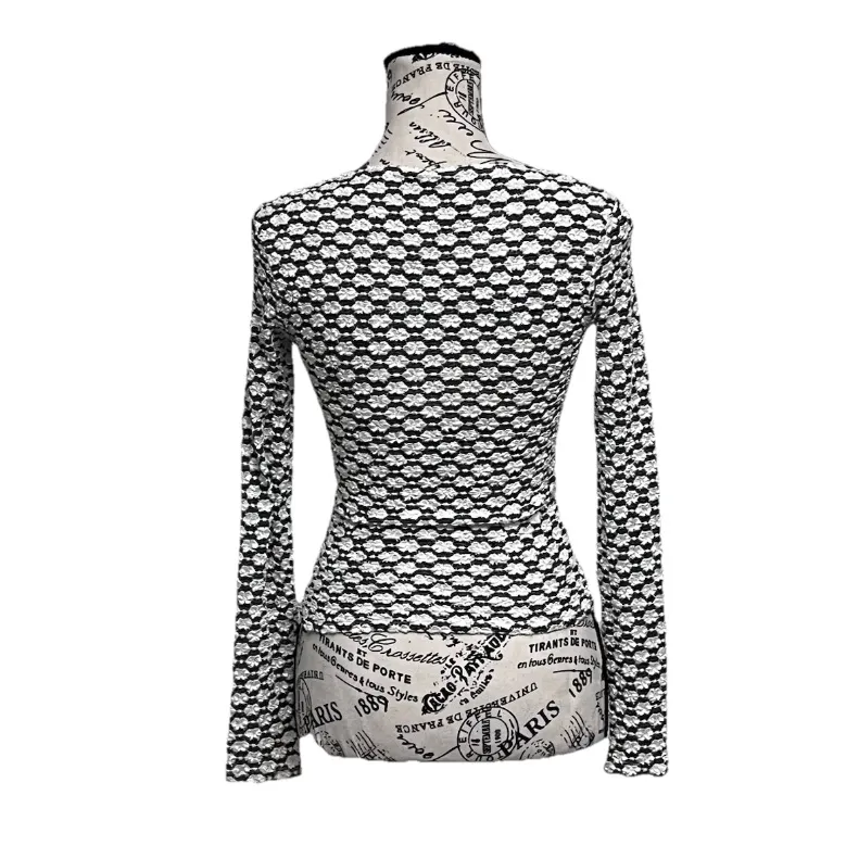 Vintage Y2K Black White Textured Daisy Knit Long Sleeve Fitted Top S Stretch - Image 5