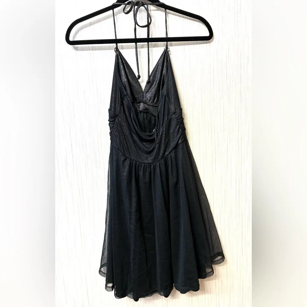 Express XS Black Metallic Sparkle Halter Mini Ruched Bodycon Tulle LBD Party Y2K - Image 7
