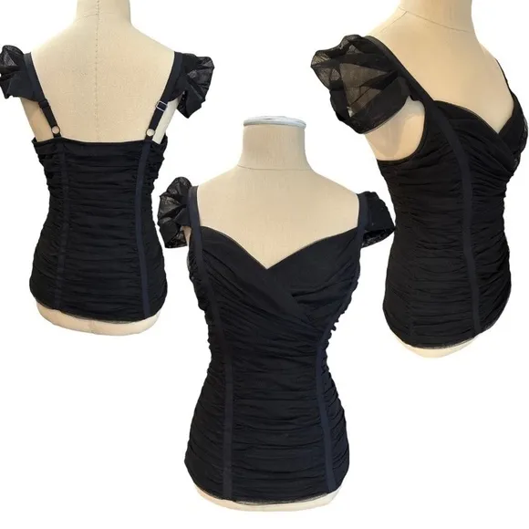 BCBG Criss Cross Sweetheart Neck Bodycon Capped Sleeve Mesh Black Size Small Top - Image 2