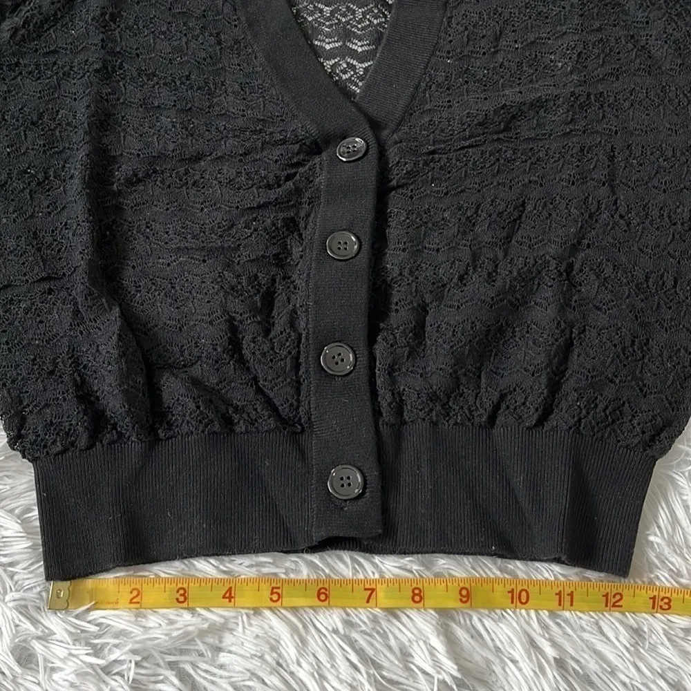 Minnie rose Women’s Puff-sleeve Open-weave button down Cardigan in Black S/M - Image 5