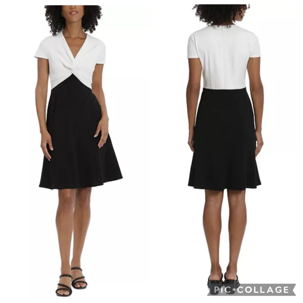 Maggy London Two-Tone Twist Front Fit And Flare Dress Ivory Black 6 - Image 2
