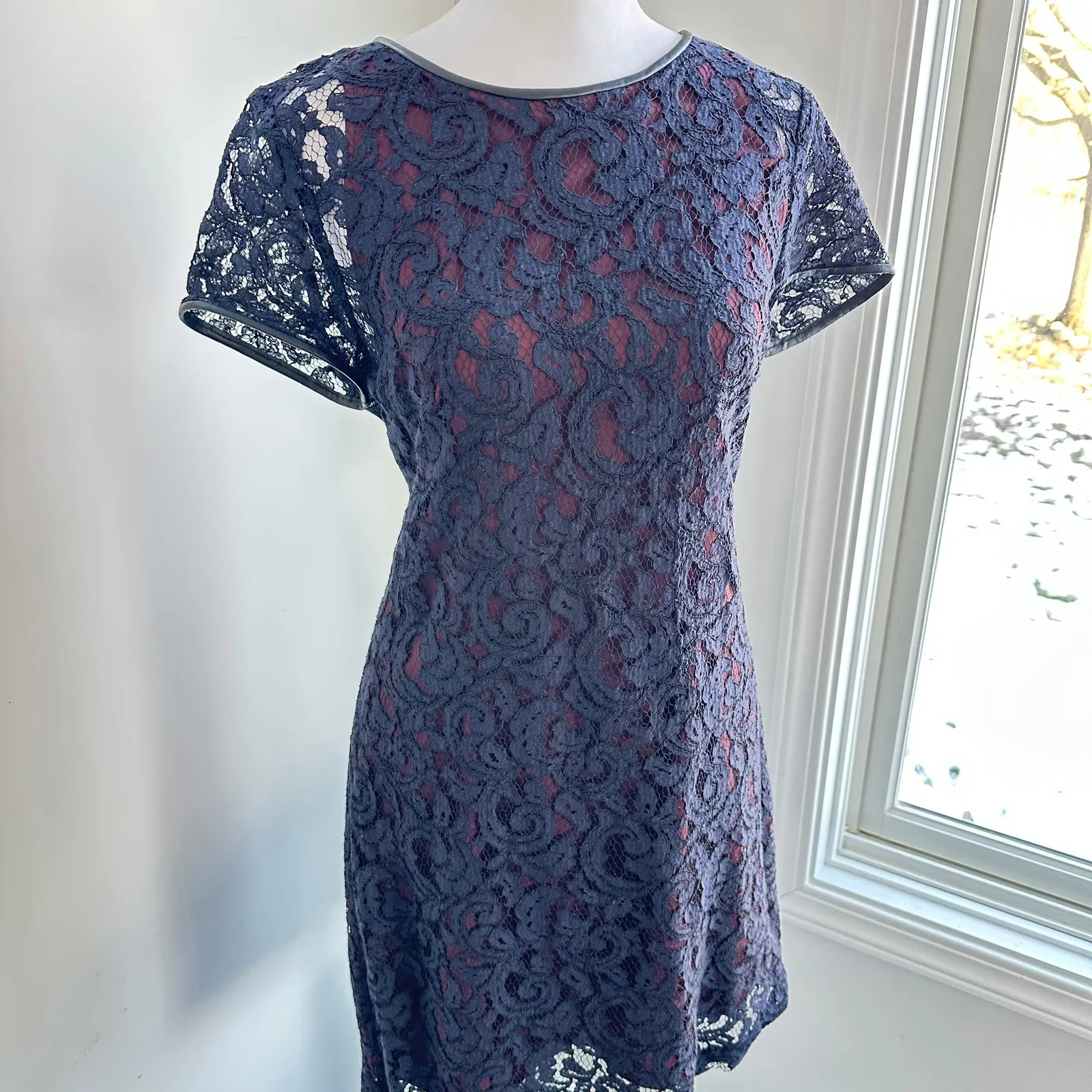 Club Monaco Navy Blue Lace Leather Trim Knee Length Layered Dress‎ Size 6 - Image 4