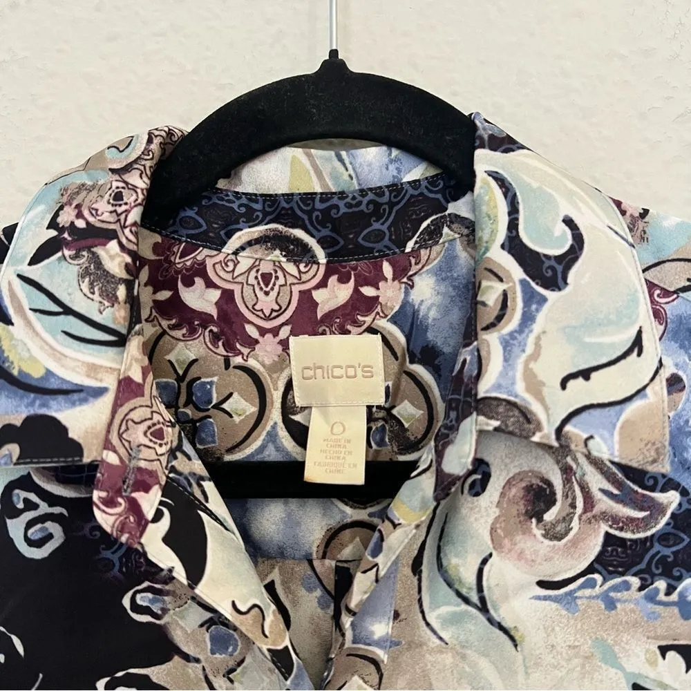 Chicos Mystic Mix Geneva BoHo Silky Shirt Blouse Button Down Paisley Size Small - Image 4