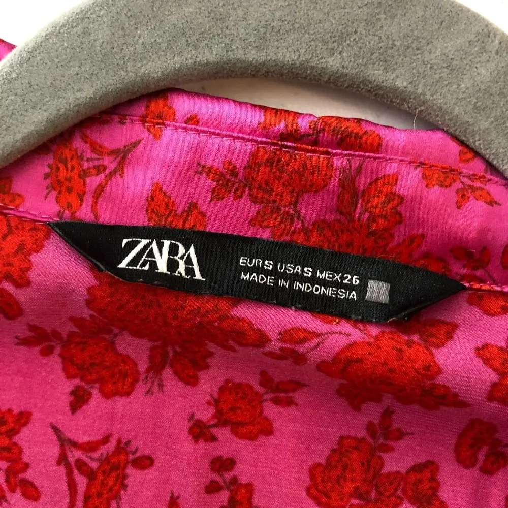 Zara Printed Satin Dress Mini Floral A Line Cap Sleeve Pink Red S - Image 3