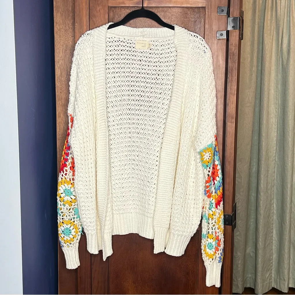 Dreamers by Debut Crochet Square Cardigan Ivory Boho Granny Knit Sweater M/L White Size L - Image 4