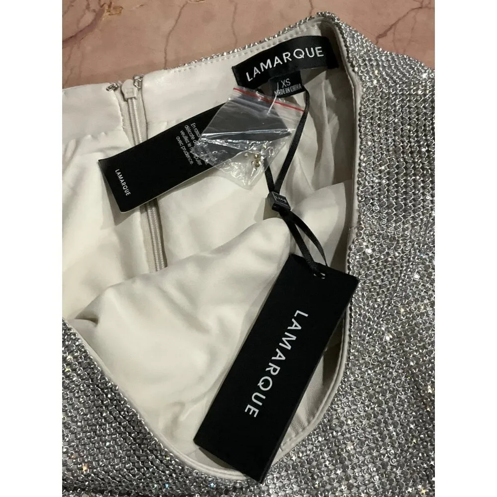 LAMARQUE Pati Rhinestone Mini Skirt in Silver XSmall New Womens Faux Leather Size XS - Image 10