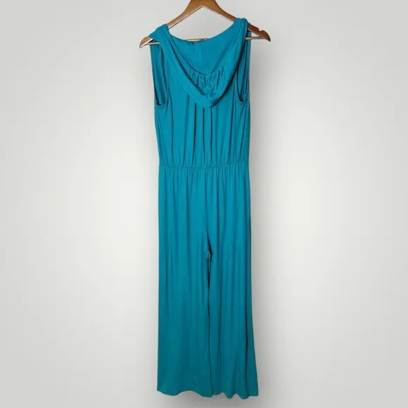 Trina Turk Mighty Hooded Jumpsuit Small Turquoise Wide Leg‎ Sleeveless V-Neck - Image 9