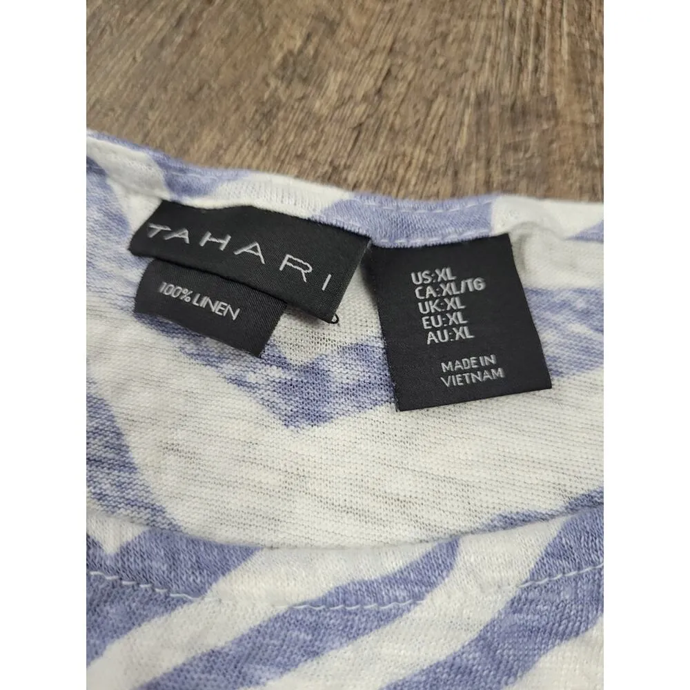 TAHARI Blue White 100% Linen V-Neck Short Sleeve Hi-Low Hem Tunic Top Large - Image 2