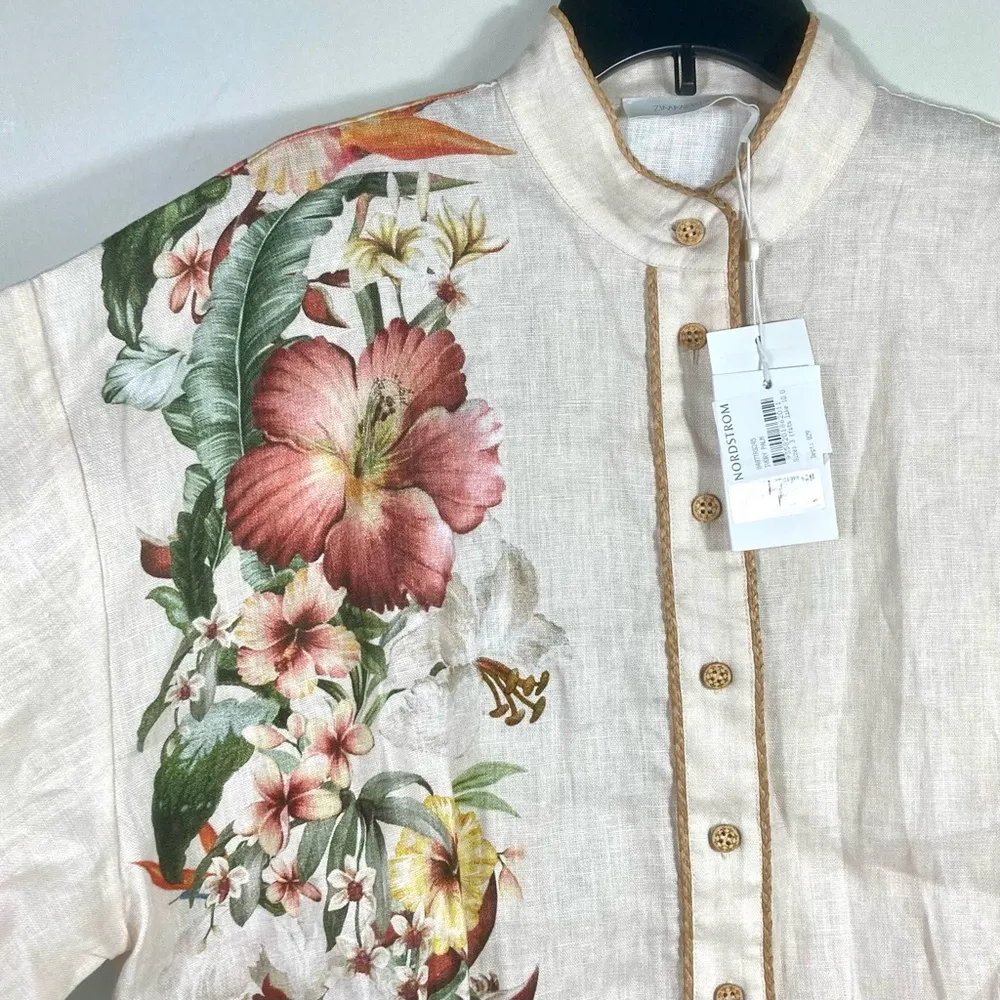 Zimmermann Lexi Tropical Floral Raffia Trim Button Up Shirt Ivory Palm 10 NWT - Image 15