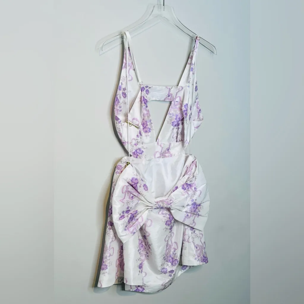 LoveShackFancy Till French Lilac White Sateen Bow Back Dress Size 12 NWT - Image 8