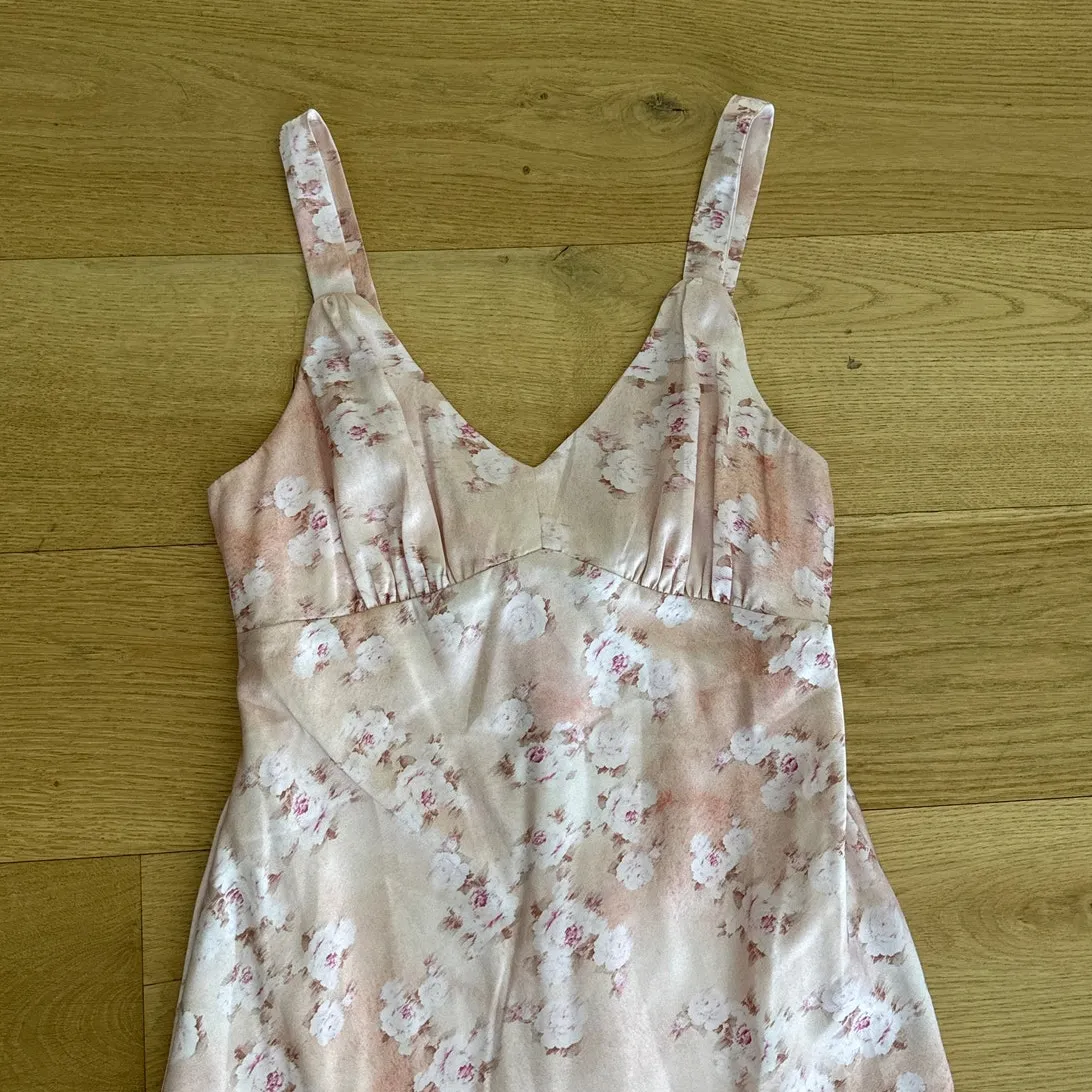 Lulus Satin Midi Dress Sleeveless Slip Floral Sweet Brilliance Size L Pink - Image 2