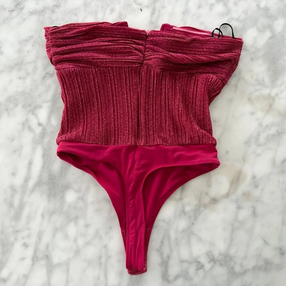 NBD Revolve Phoibe Bodysuit Fuchsia Pink NEW Small Glitter Strapless Party Glam - Image 6